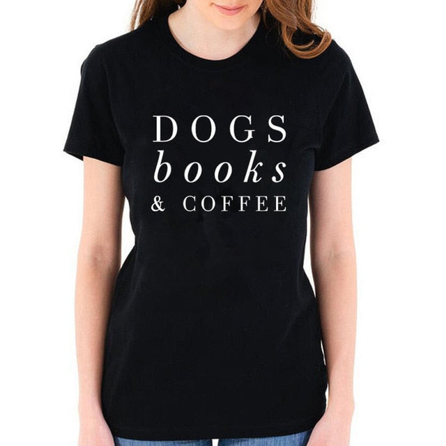 DOGS Books Coffee Letter Print T Shirt