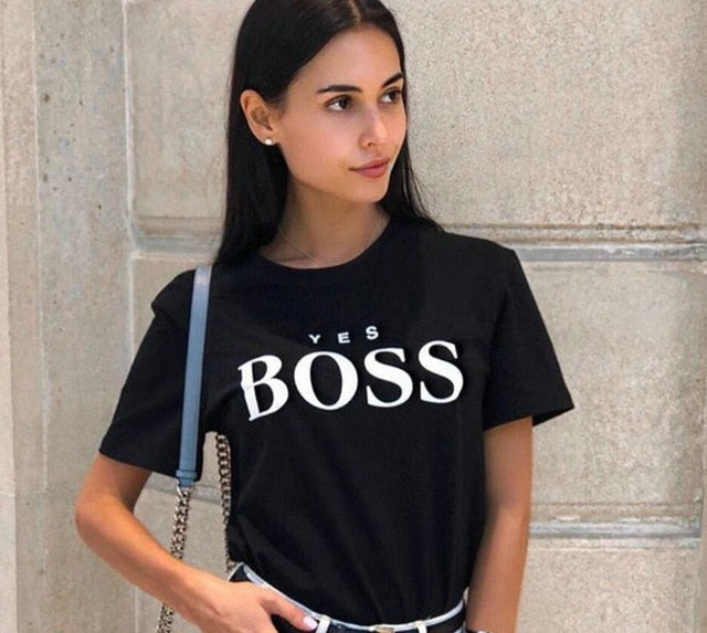 Yes Boss Letter Print T Shirt
