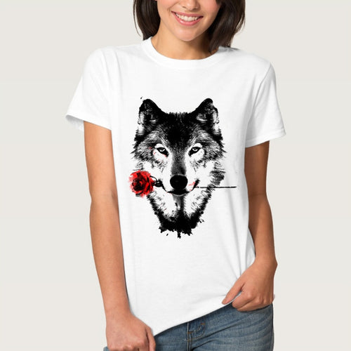 Wolf Head Rose Print T Shirt