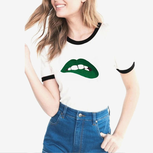 Funny Green Lip Print T Shirt