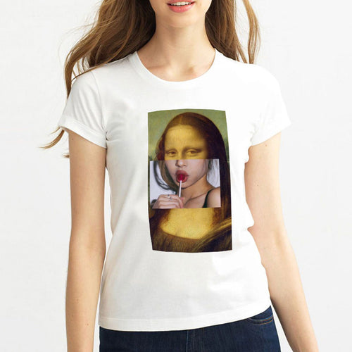 Mona Lisa Cartoon Fun Funny Printed T-shirt