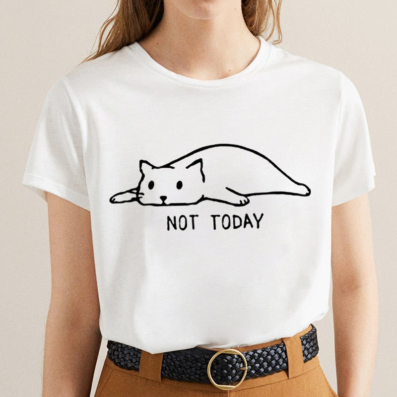 NOT TODAY Letter Cat Print T-Shirt